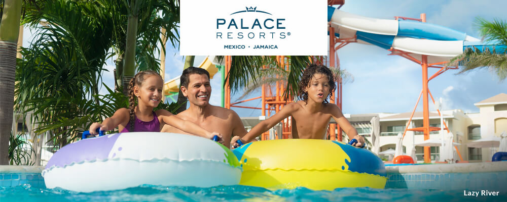 Palace Resorts family playing on the lazy river