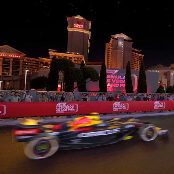 Race car at night on streets of Las Vegas