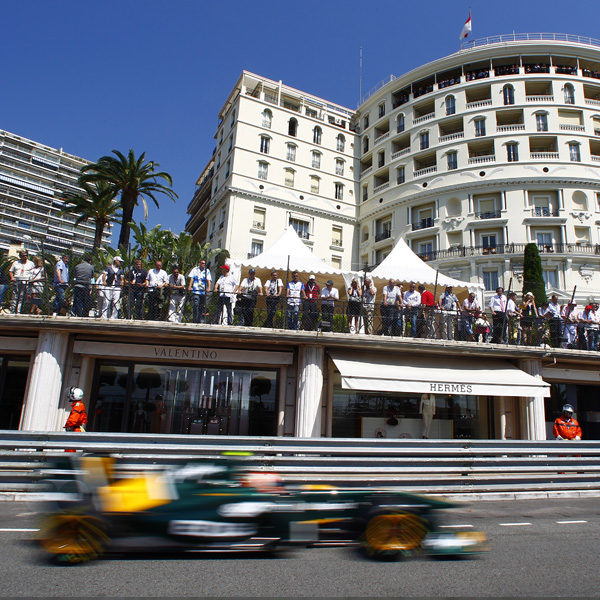 Race car speeding by hotels in Monte Carlo